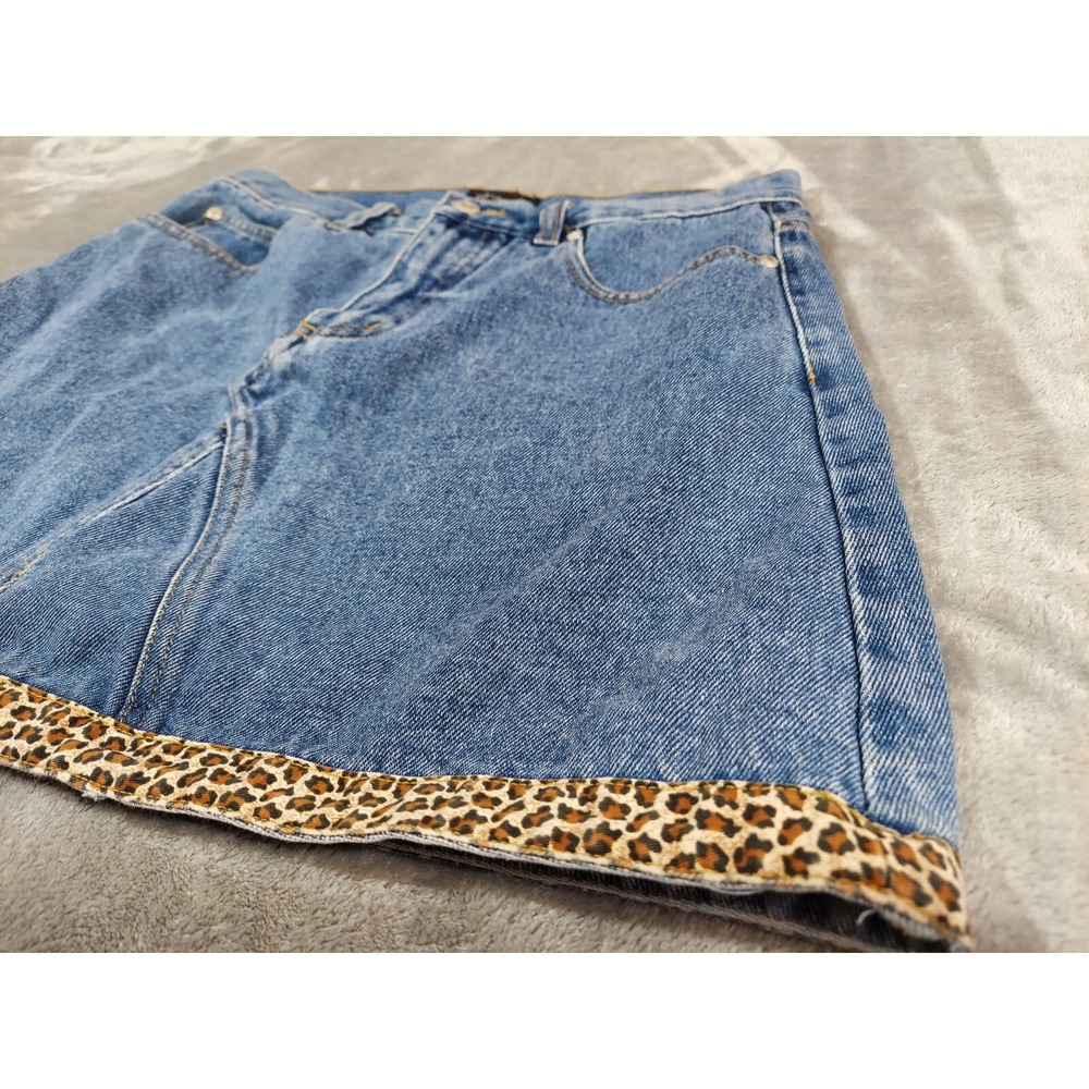 No Boundaries Vintage Denim Skirt Junior 7 Blue Leopard Trim Y2K Mini Skirt 90s